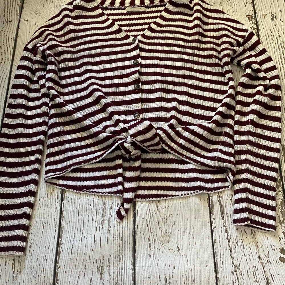 red and white stripped sweater with tie